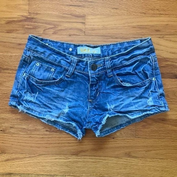 The Unbranded Brand Pants - 2000s Low Rise Medium Wash Distressed Micro Mini Shorts Size XS/S Preppy Summer